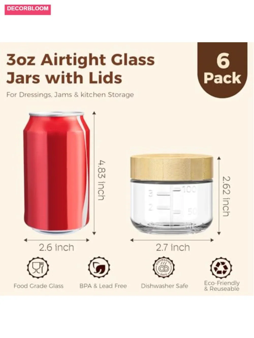 6 Pack 3oz Glass Salad Dressing Containers with Bamboo Lids, Airtight Leakproof
